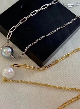 新款精工纯银AB链，流行ins风天然淡水珍珠，8-9m真多麻珍珠项链