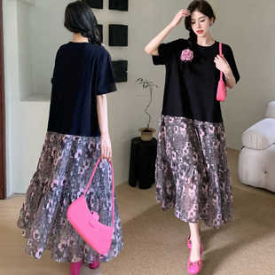 胖mm大码女装微胖女生夏季新品连衣裙短袖+碎花拼接假两件套长裙