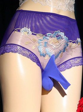 伪娘变装cd男士性感高腰蕾丝滑刺绣912针枪弹分离囊袋套三角内裤