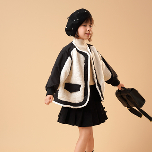 半芭女童外套2025秋冬装新款洋气小女孩黑色的夹棉加厚羊羔毛棉衣