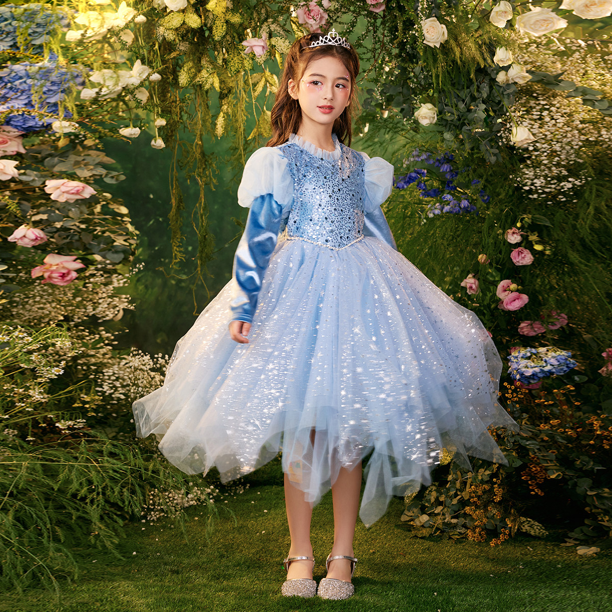 笛牧女童连衣裙2025秋冬装新款丝绒网纱时尚亮片儿童蓬蓬公主裙子