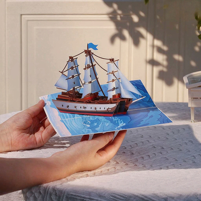 创意一帆风顺立体贺卡彩印大海帆船感恩节3D卡片生日节日退休毕业