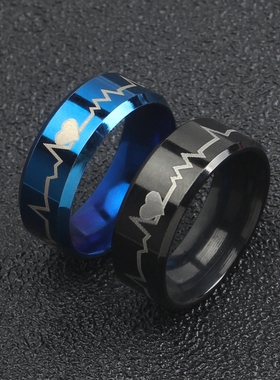 日韩风心电图钛钢戒指刻字定制