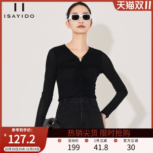 V领百搭修身 新款 小个子内搭打底上衣 T恤女春季 傲丝度黑色显瘦长袖
