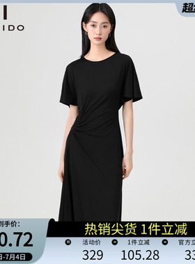 傲丝度黑色连衣裙女夏季新款时尚百搭圆领褶皱设计休闲长裙子
