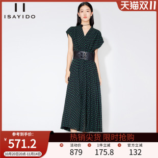 长款 傲丝度高腰波点雪纺裙女2025夏季 V领短袖 时尚 连衣裙子 新款