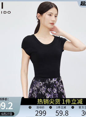 傲丝度简约轻熟风黑色圆领短袖针织衫女100%莱赛尔T恤显瘦上衣夏