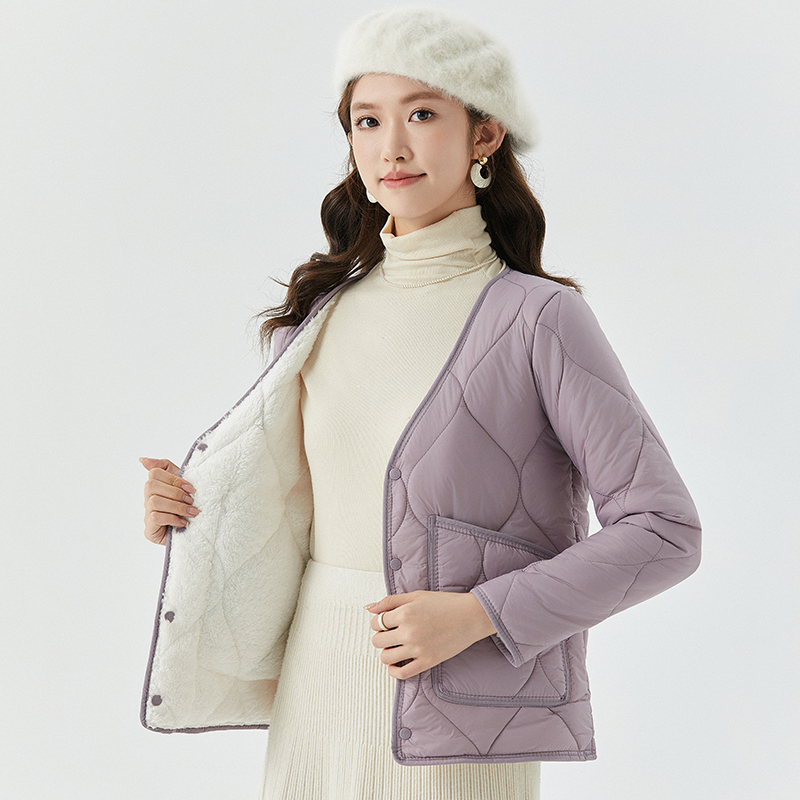秋冬新款保暖棉衣女韓版加絨加厚內(nèi)膽修身輕薄內(nèi)穿羊羔絨棉襖V領(lǐng)