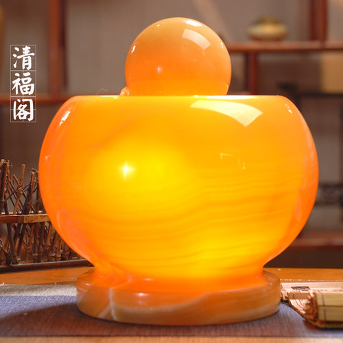 清福阁桔子玉石流水摆件风水球