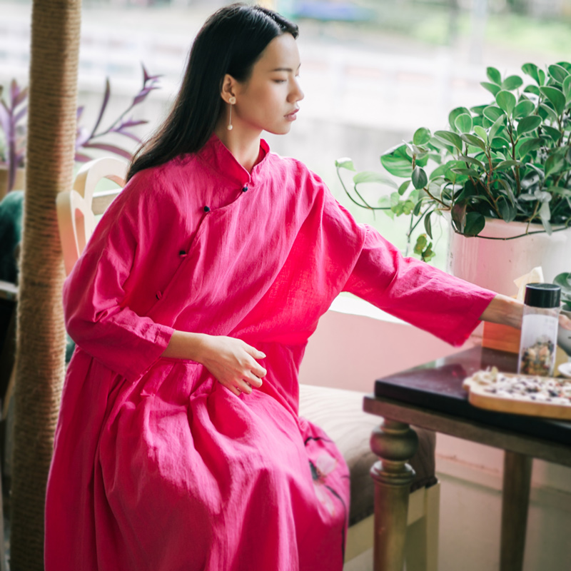 秋季九分袖玫红复古立领中式改良文艺苎麻连衣裙女长裙子宽松袍子|ruв категории Женская одежда, костюм/национальная одежда/театр костюм, костюм/китайский стиль одежды, юбка - от Buy2taobao.com для оказания профессиональной услуги покупки агента Taobao