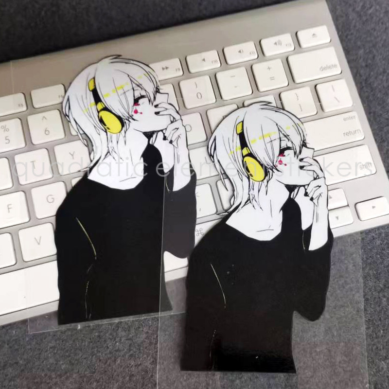 二次元白发带耳机帅锅行李箱电动车自行车反光车贴纸