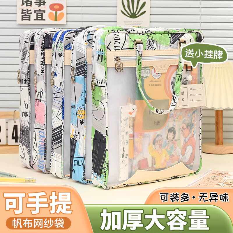 小学生简约透明双层补习袋双层动漫风大容量资料袋高颜值文件袋子