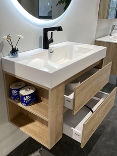 北欧浴室柜日式 微晶石一体盆柜组合现代简约侧柜卫浴柜原木色定制