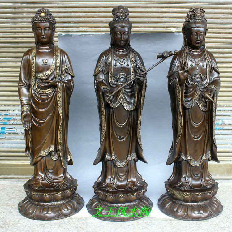 祥狮纯铜西方三圣佛像紫铜大势至观音菩萨阿弥陀佛像摆件一套站像