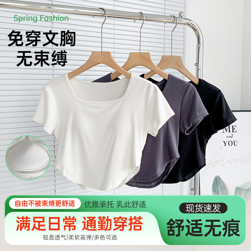 莫代尔带胸垫半截半袖女夏螺纹短款方领露脐短袖外穿少女圆摆T恤