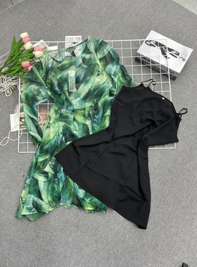 高端时尚绿色碎花雪纺欧版两件连衣裙长袖显瘦气质甜美印花裙子