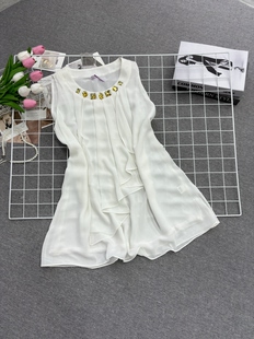 新款 法式 雪纺连衣裙夏季 短裙甜美欧版 白色 温柔荷叶名媛气质无袖