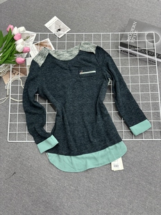 高品质时尚 百搭休闲上衣 韩系复古气质显瘦拼接假两件上衣女款