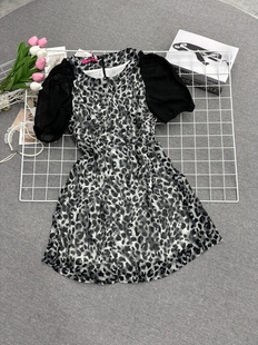 收腰泡泡韩版 法式 辣妈裙子 夏季 豹纹雪纺减龄连衣裙显瘦气质时尚