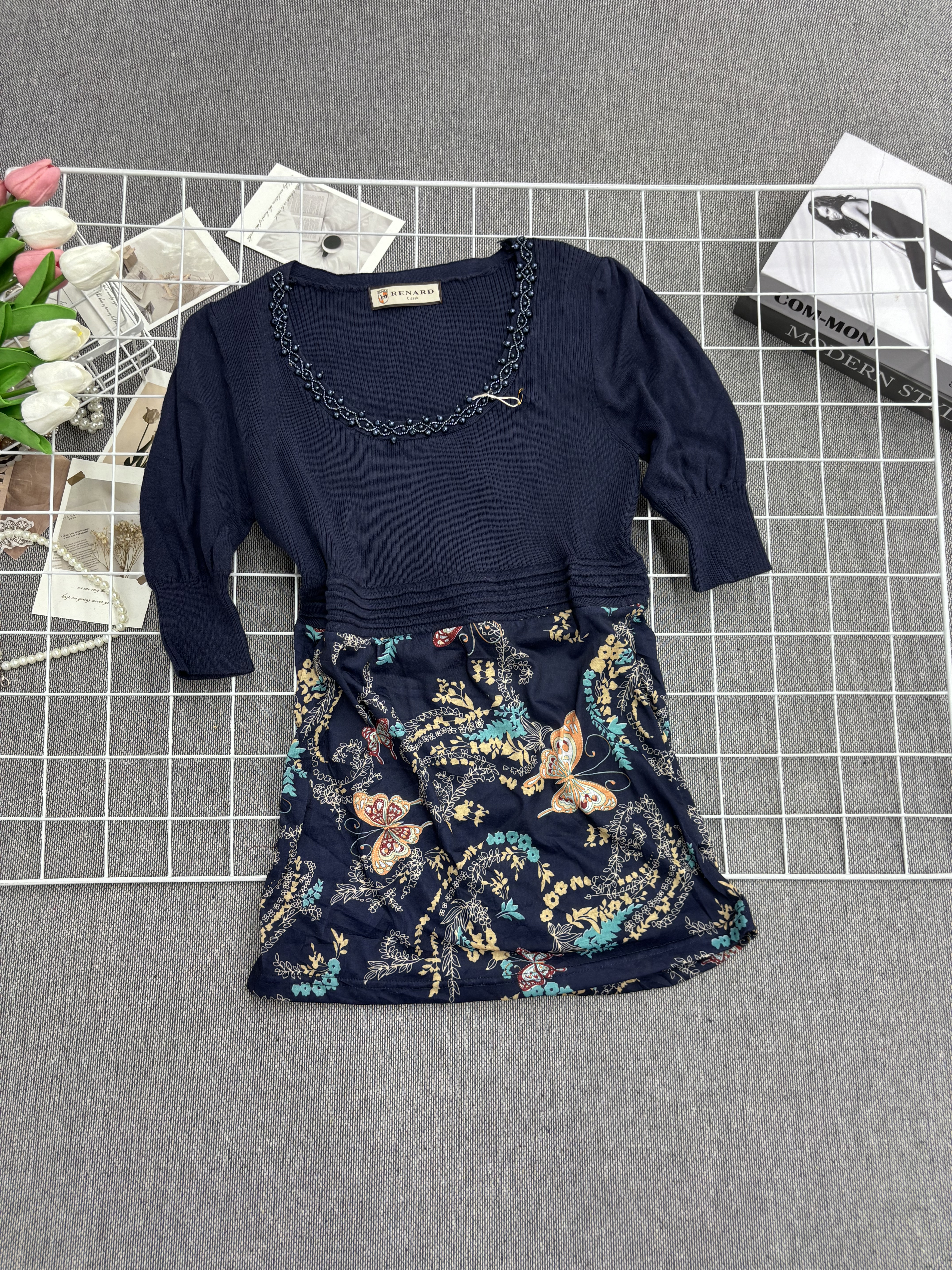 复古气质拼接碎花针织短袖上衣女秋季显瘦学院风针织衫
