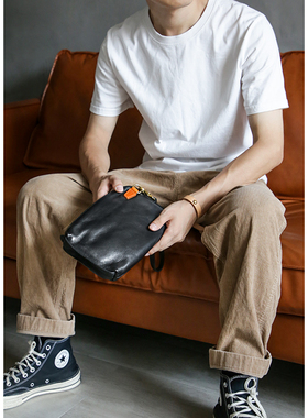 古造真皮男士手提包头层牛皮复古商务休闲潮男手机包大容量手拿包