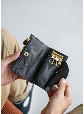 真皮男士钥匙包复古头层牛皮卡票零钱收纳多功能竖款迷你手工小包