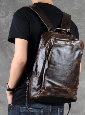 古造复古油蜡皮双肩包男真皮背包头层牛皮书包休闲简约旅行电脑包