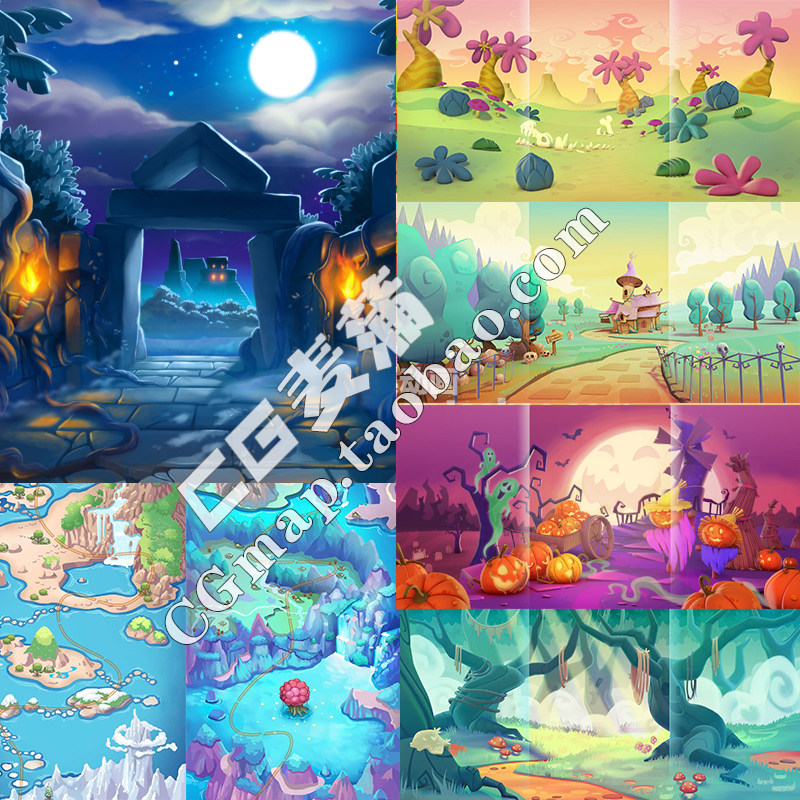 美术资源包 q版手游场景 背景 地图设计参考cg游戏原画设定素材