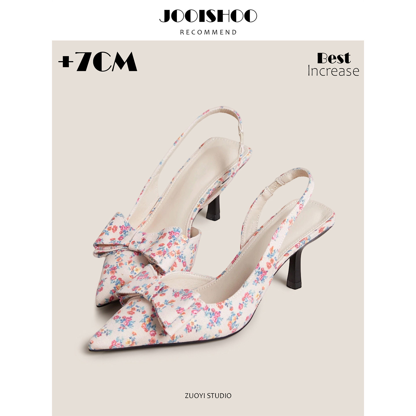 佐一studio油画繁花！春天尖头碎花蝴蝶结高跟鞋一字带后空单鞋