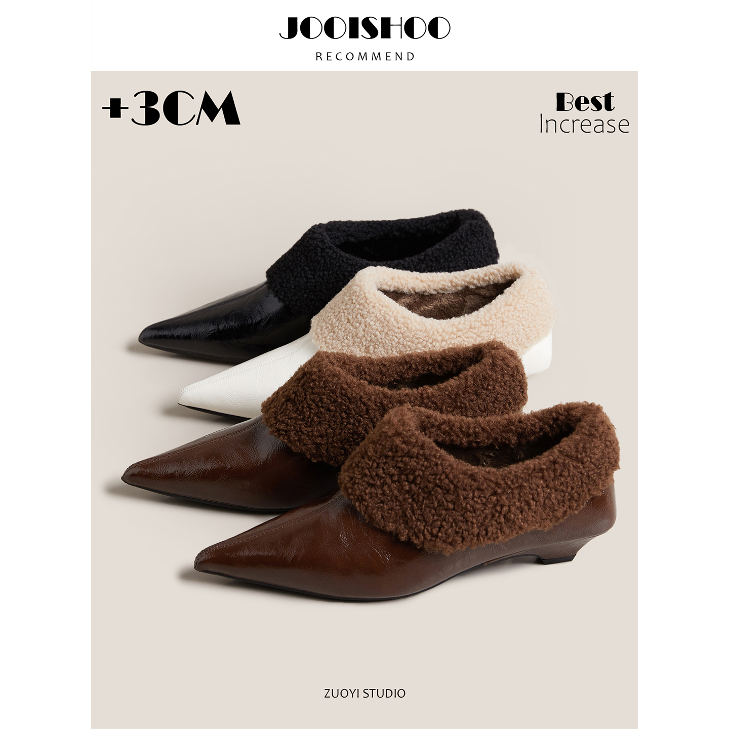 真皮尖头加绒深口单鞋女粗跟增高保暖毛毛鞋