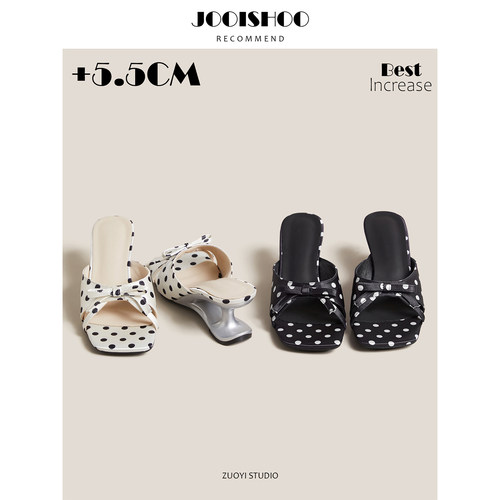 甜美风波点蝴蝶结一字拖女夏外穿增高5.5cm小个子凉拖鞋