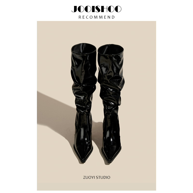 佐一 漆皮高跟堆堆靴2024秋冬新款欧美辣妹褶皱堆堆长靴不过膝