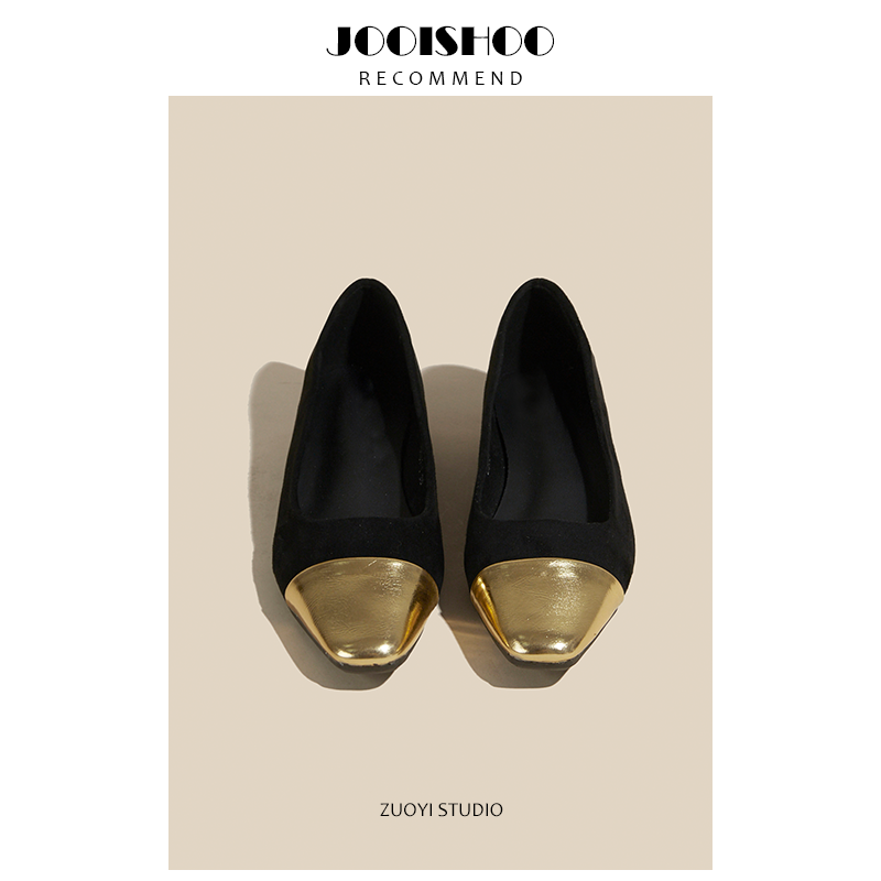 佐一studio小香风平底单鞋女2024法式黑金拼色通勤百搭浅口单鞋