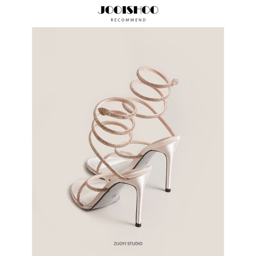 高级水钻蛇形缠绕细跟凉鞋2026新款法式黑色水晶鞋仙女凉靴高跟鞋