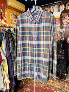 L码 Vintage古着R L手工补丁做旧格子纯棉衬衫