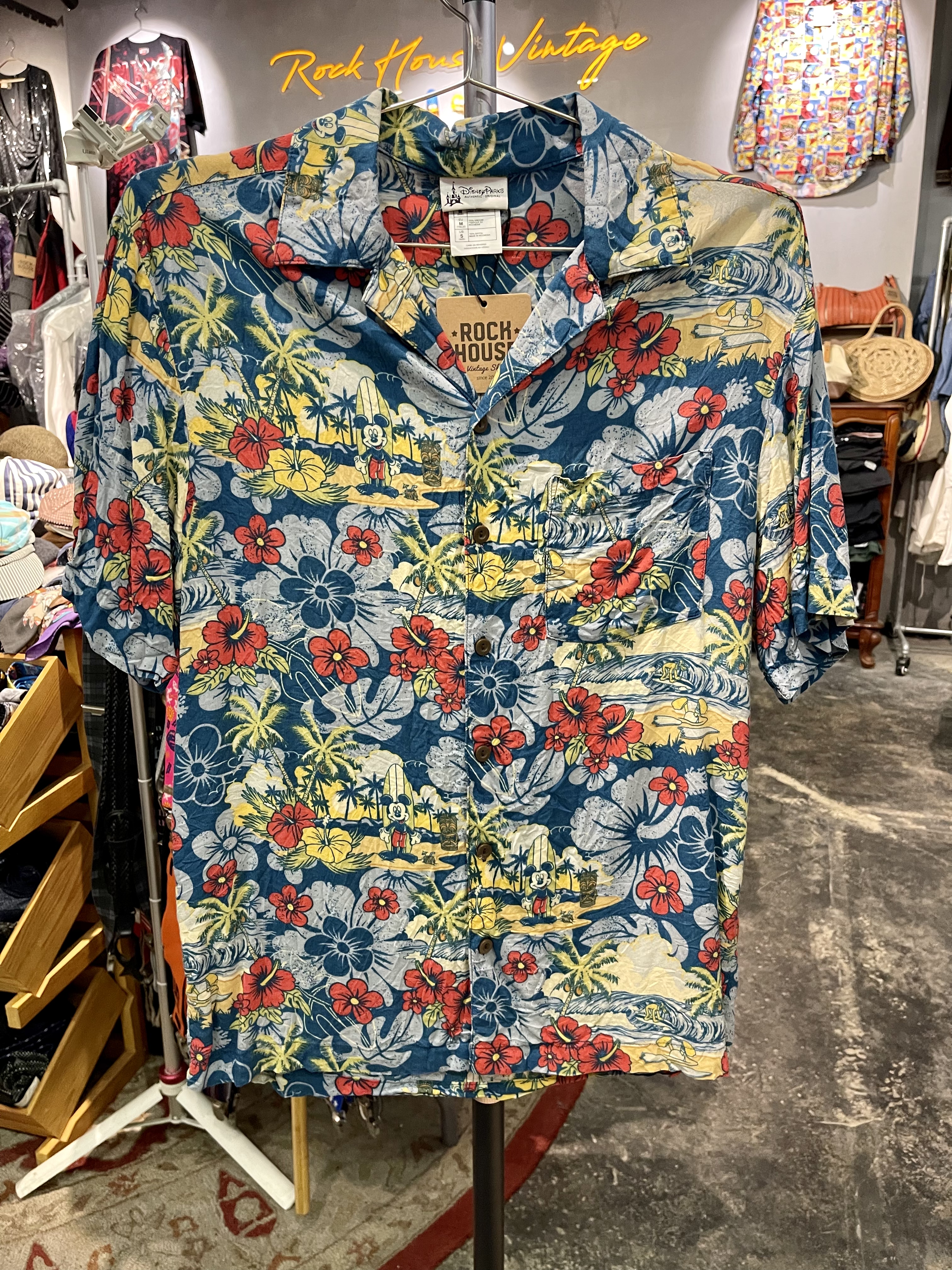 中古Vintage古着复古卡通迪士尼正版人造丝短袖夏威夷衬衫