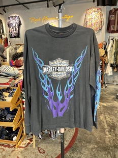 全新New Vintage风格水洗做旧哈雷经典火焰纯棉长袖T恤