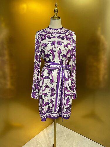 欧美女神D家同款紫陶釉19姆米真丝双乔长袖系腰带连衣裙 高品质