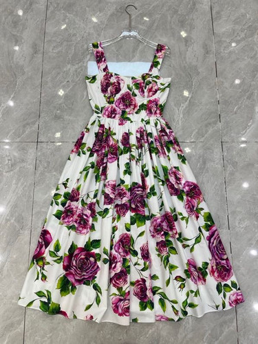 欧美时尚女神D家同款白底紫红玫瑰棉布收腰打揽吊带连衣裙 高品质