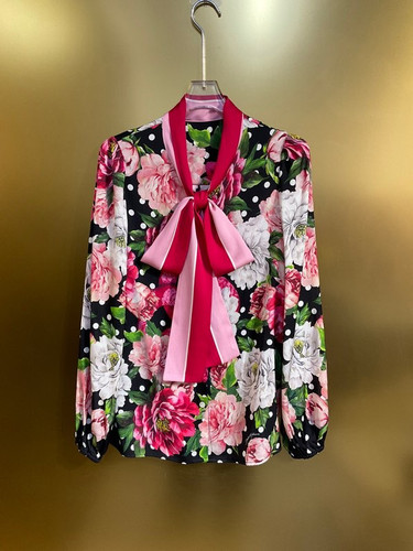 欧美D家同款波点牡丹真丝19姆米弹力双乔系飘带宽松长袖衬衫高品