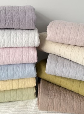 全棉格子床盖三件套 纯色加棉绗缝加棉加厚床单 ins风格子床盖