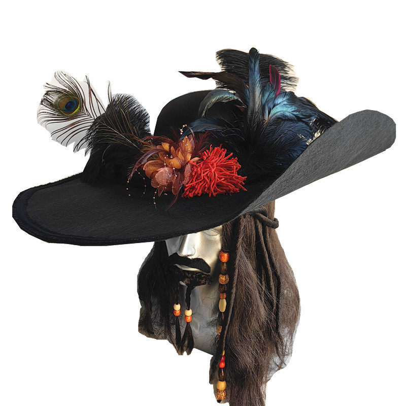 万圣节COS船长帽海盗帽加勒比海盗巴博萨船长帽子羽毛海盗帽定制