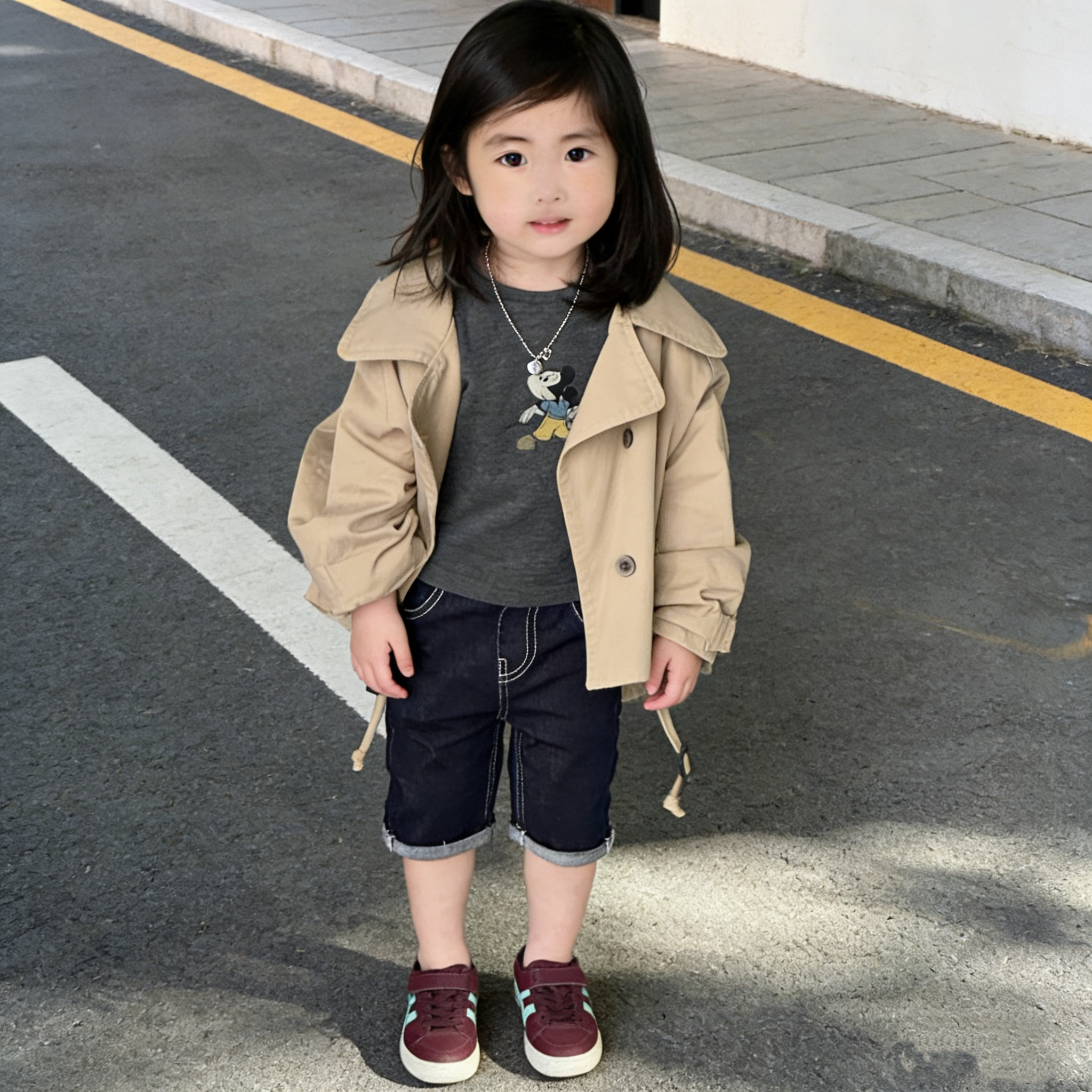 韩版女童大翻领短款风衣 2026春新款软萌宝宝时髦百搭外出外套潮
