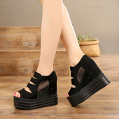 凉鞋 新款 鱼嘴鞋 2023年夏季 12CM坡跟超高跟防水台厚底黑色罗马女鞋