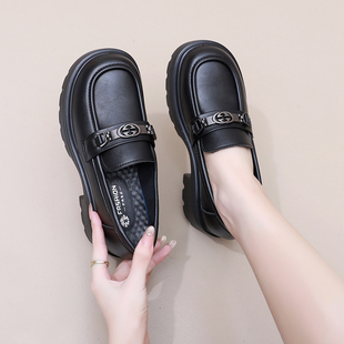 英伦时尚松糕增高6cm小皮鞋女2025秋季厚底粗跟乐福鞋一脚蹬单鞋