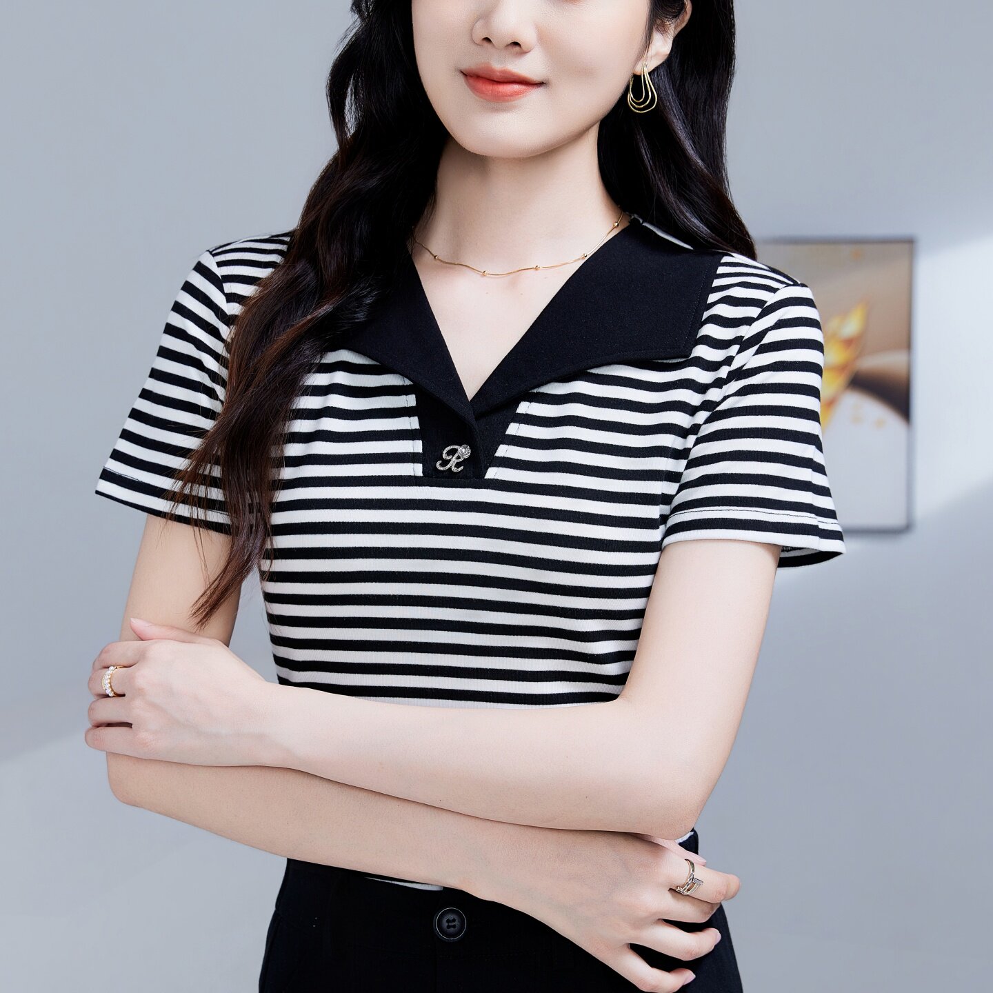 海军风条纹大码显瘦短袖T恤女