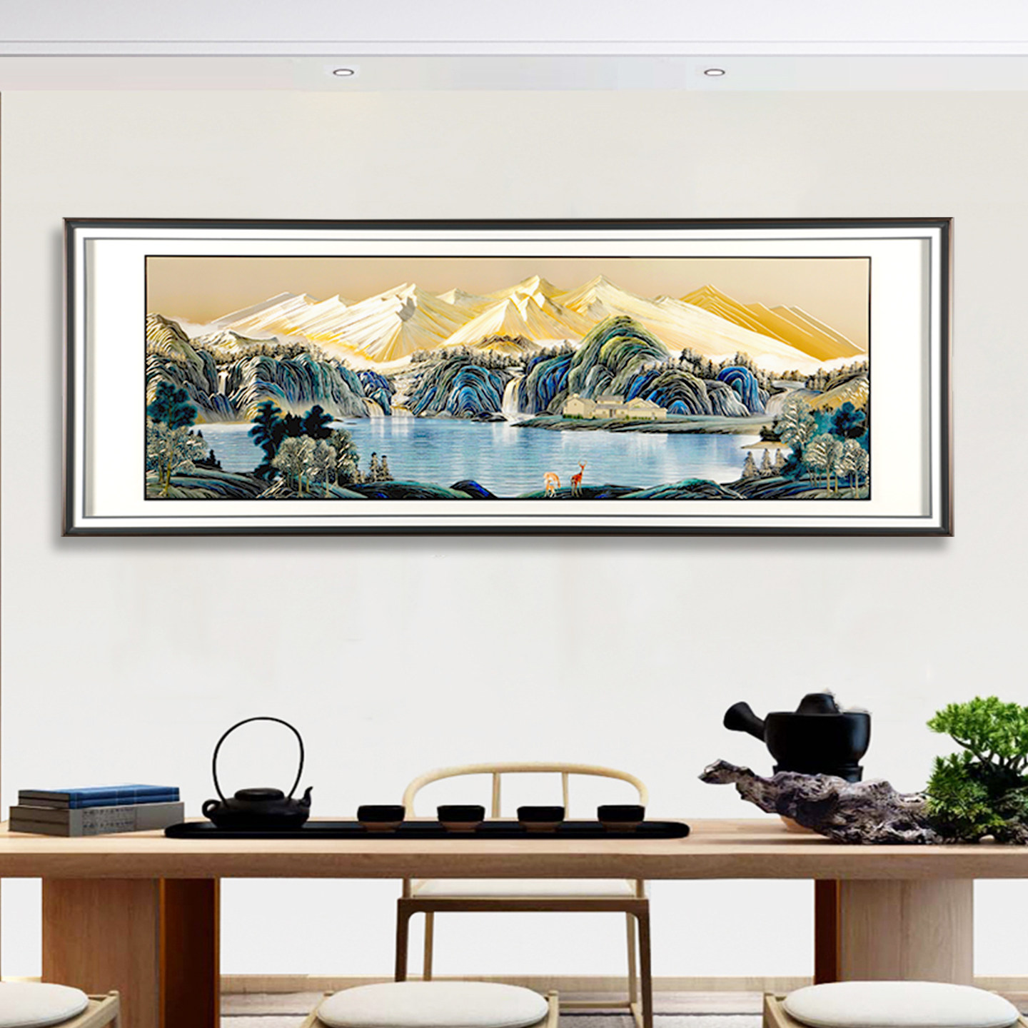 客厅沙发背景墙装饰画山水画五路财神铜雕画靠山图挂画简约横版幅