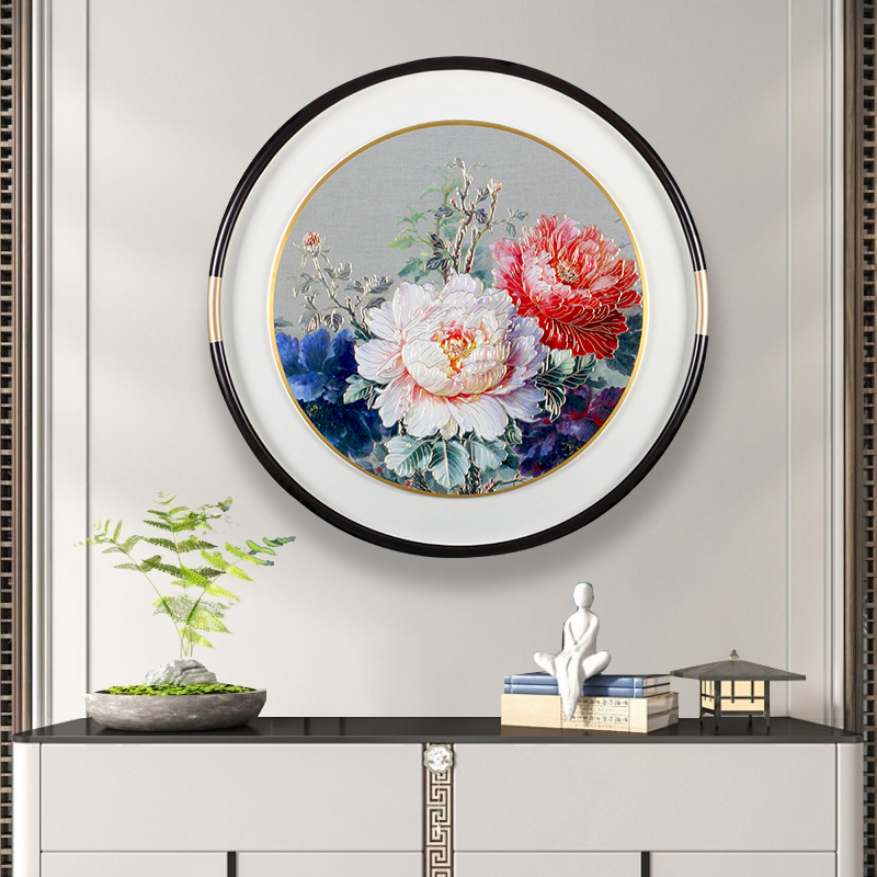 牡丹图玄关画高端正对门的入户装饰画寓意好大白墙圆形背景墙素雅图片