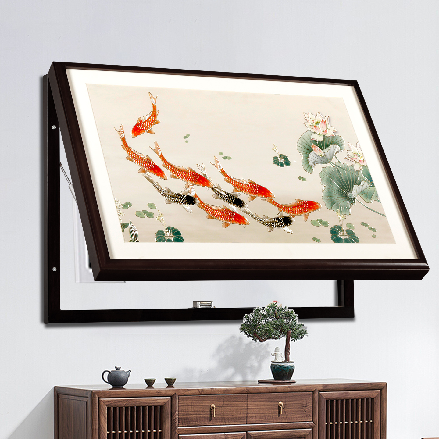 九鱼荷花图电表箱装饰画2025新款铜雕画遮挡箱盒挂画高级感壁画图片