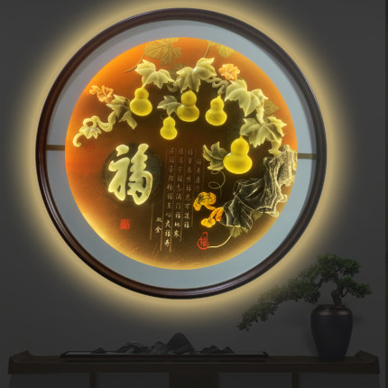 入户玄关装饰画客厅过道背景墙挂画3d立体浮雕玉雕新中式发光带灯
